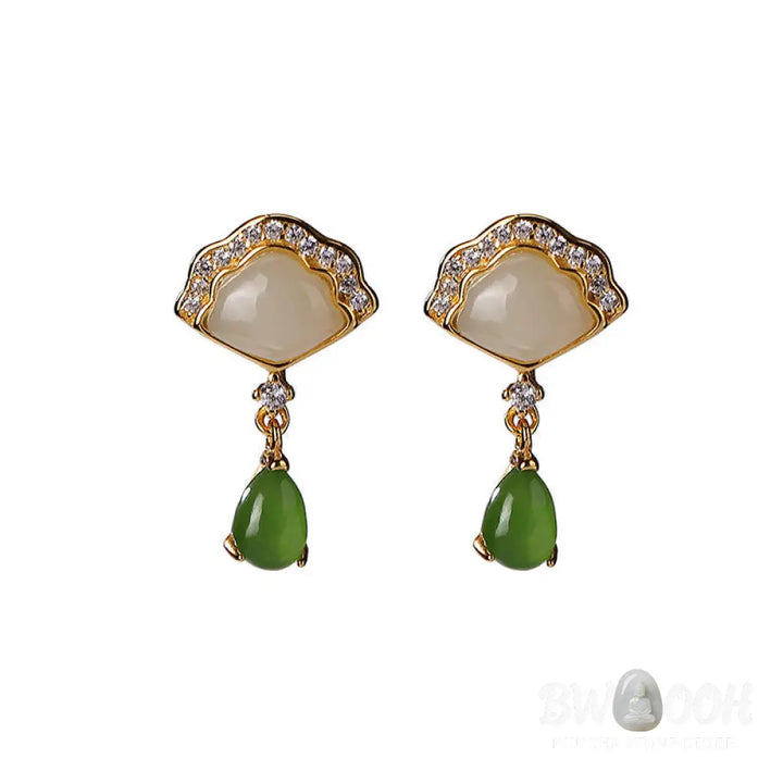 Buddha Stones White Jade Cyan Jade Fan Water Drop Pattern Luck Drop Earrings - White Jade&amp;Cyan Jade - Earrings