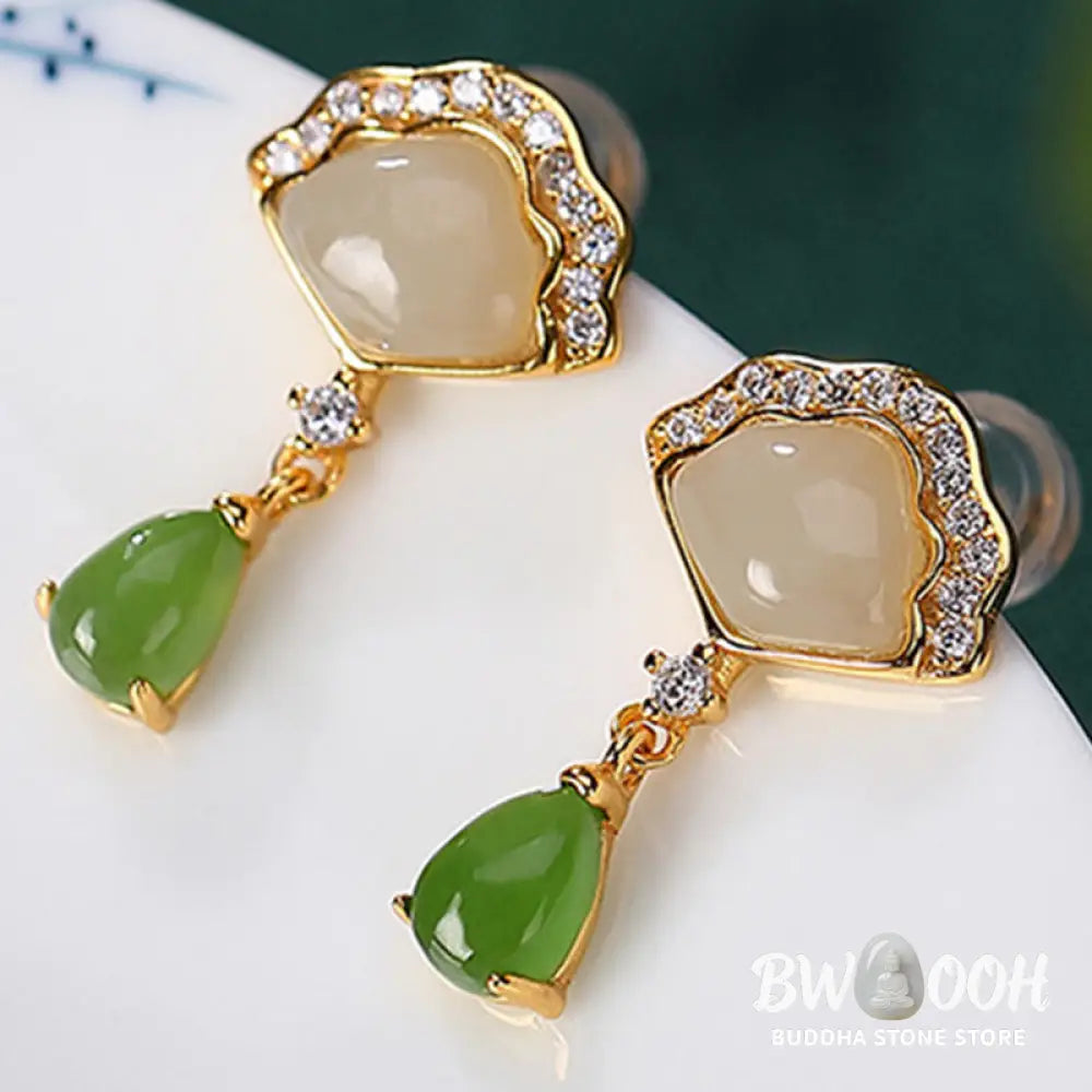 Buddha Stones White Jade Cyan Jade Fan Water Drop Pattern Luck Drop Earrings - White Jade&amp;Cyan Jade - Earrings