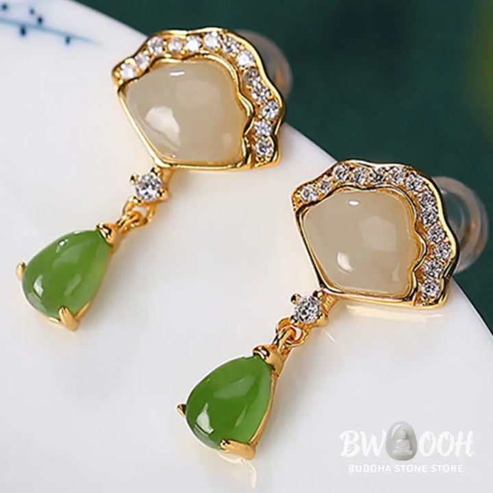 Buddha Stones White Jade Cyan Jade Fan Water Drop Pattern Luck Drop Earrings - White Jade&amp;Cyan Jade - Earrings