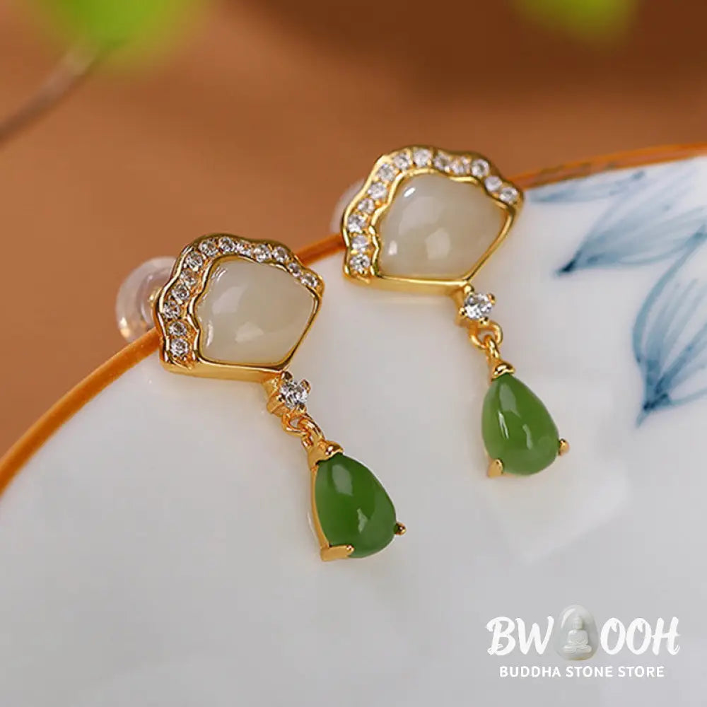 Buddha Stones White Jade Cyan Jade Fan Water Drop Pattern Luck Drop Earrings - White Jade&amp;Cyan Jade - Earrings