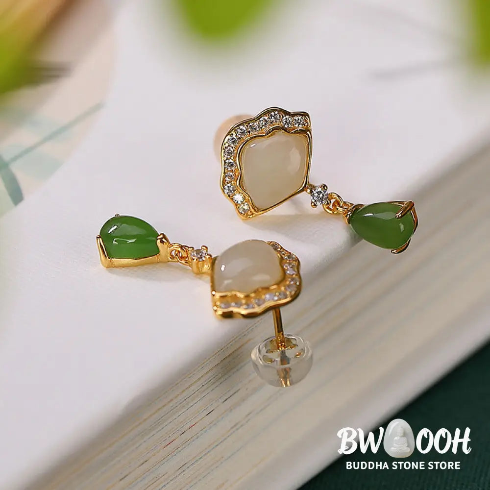 Buddha Stones White Jade Cyan Jade Fan Water Drop Pattern Luck Drop Earrings - White Jade&amp;Cyan Jade - Earrings