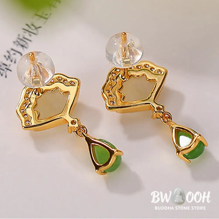 Buddha Stones White Jade Cyan Jade Fan Water Drop Pattern Luck Drop Earrings - White Jade&amp;Cyan Jade - Earrings