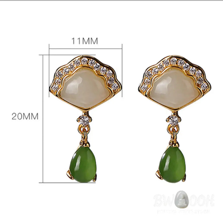 Buddha Stones White Jade Cyan Jade Fan Water Drop Pattern Luck Drop Earrings - White Jade&amp;Cyan Jade - Earrings