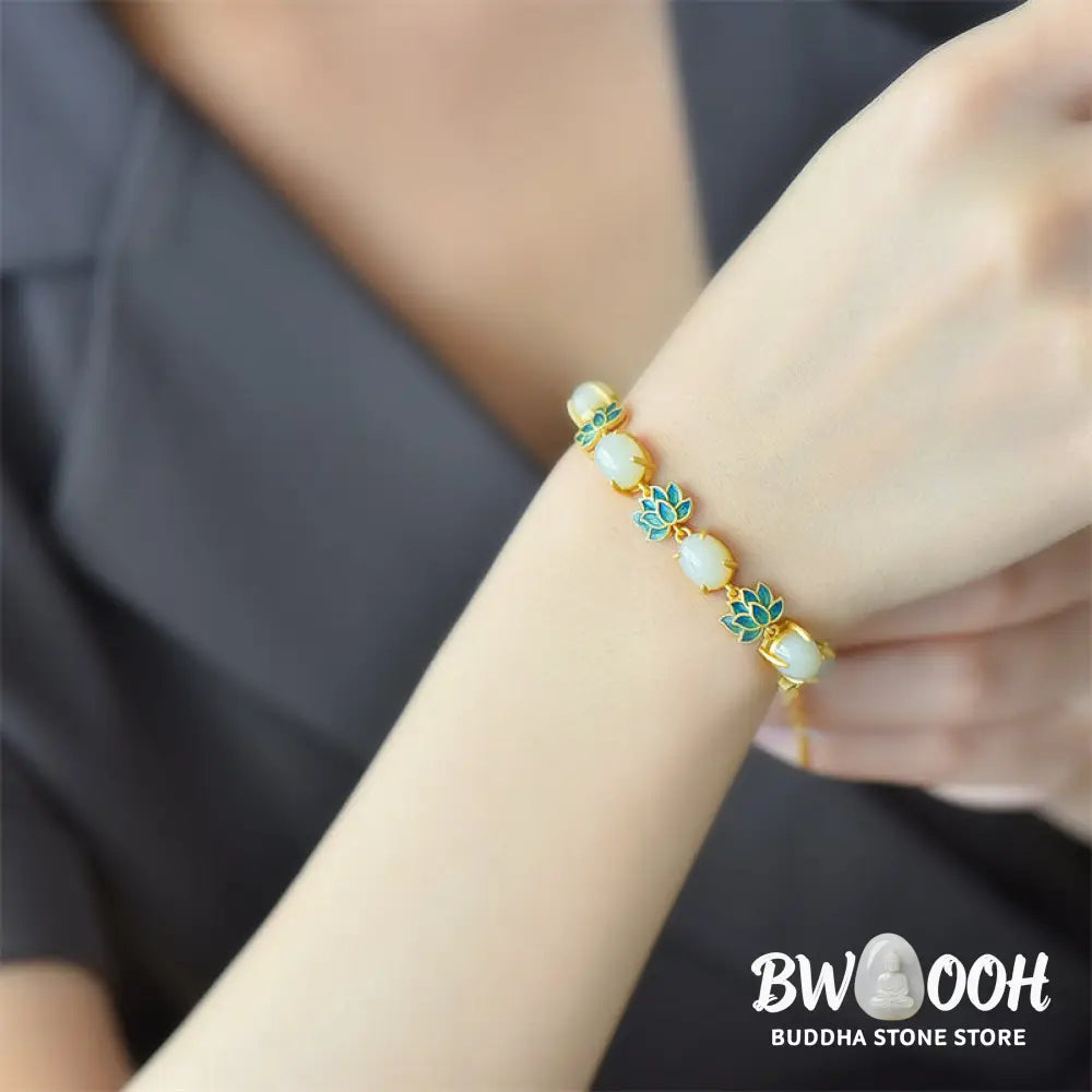 BWOOOH White Jade Cyan Jade Lotus Protection Bracelet - White Jade - Bracelet