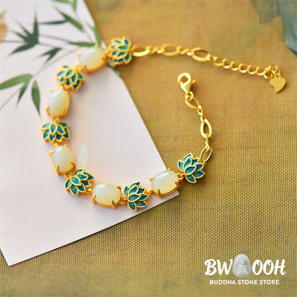 BWOOOH White Jade Cyan Jade Lotus Protection Bracelet - White Jade - Bracelet