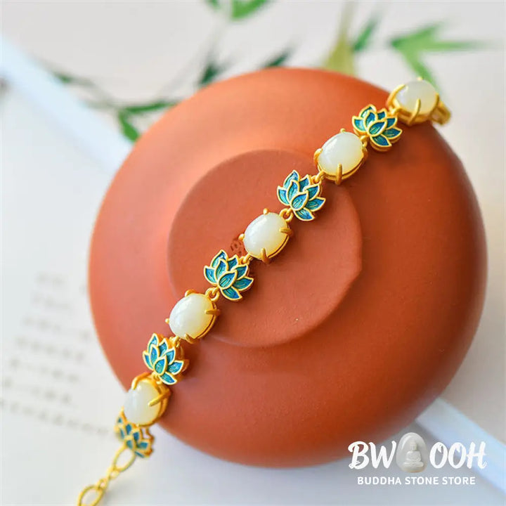 BWOOOH White Jade Cyan Jade Lotus Protection Bracelet - White Jade - Bracelet