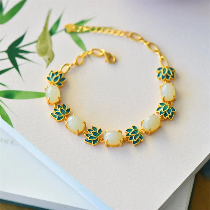 BWOOOH White Jade Cyan Jade Lotus Protection Bracelet - White Jade - Bracelet