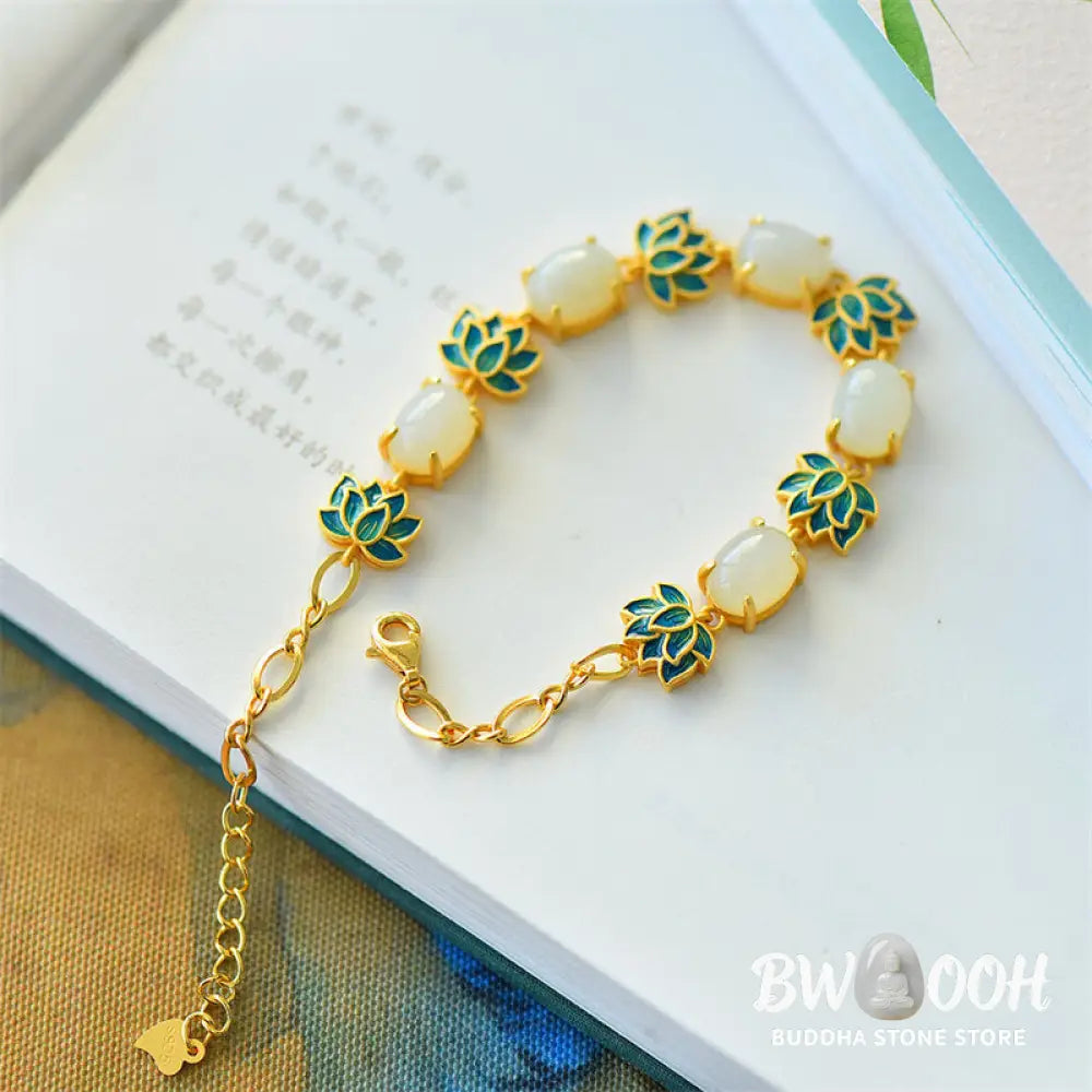 BWOOOH White Jade Cyan Jade Lotus Protection Bracelet - White Jade - Bracelet