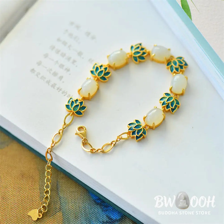 BWOOOH White Jade Cyan Jade Lotus Protection Bracelet - White Jade - Bracelet