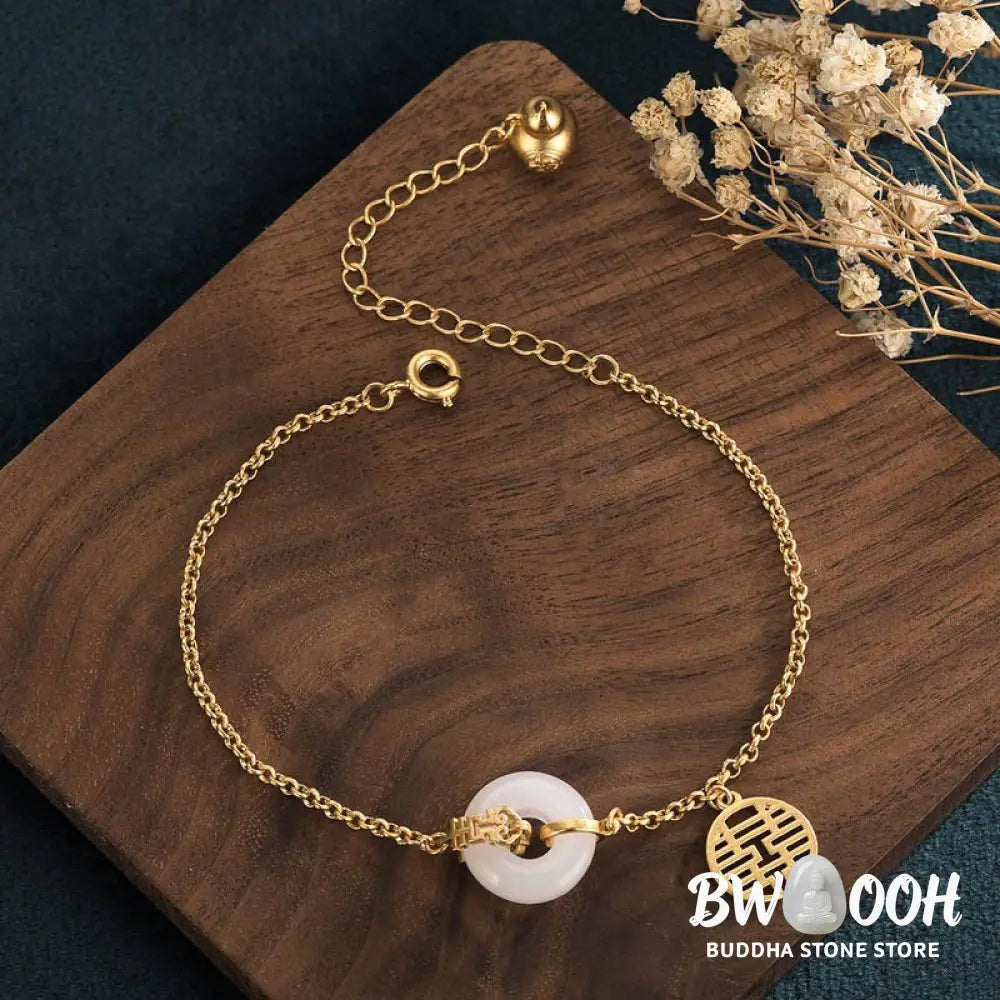 Buddha Stones White Jade Double Happiness Fortune Bracelet - BWOOOH - White Jade - Bracelet