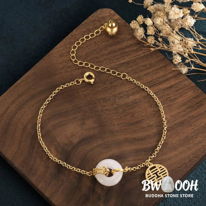 Buddha Stones White Jade Double Happiness Fortune Bracelet - BWOOOH - White Jade - Bracelet