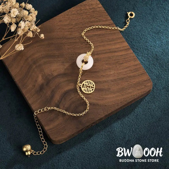 Buddha Stones White Jade Double Happiness Fortune Bracelet - BWOOOH - White Jade - Bracelet