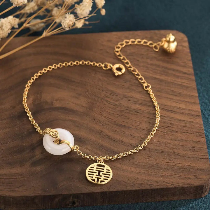 Buddha Stones White Jade Double Happiness Fortune Bracelet - BWOOOH - White Jade - Bracelet