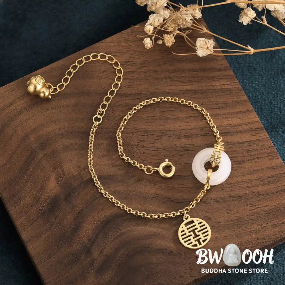 Buddha Stones White Jade Double Happiness Fortune Bracelet - BWOOOH - White Jade - Bracelet