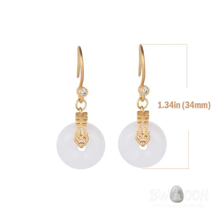 Buddha Stones White Jade Double Happiness Fortune Earrings - White Jade - Earrings