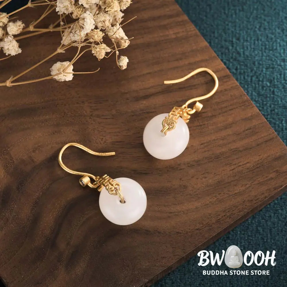 Buddha Stones White Jade Double Happiness Fortune Earrings - White Jade - Earrings