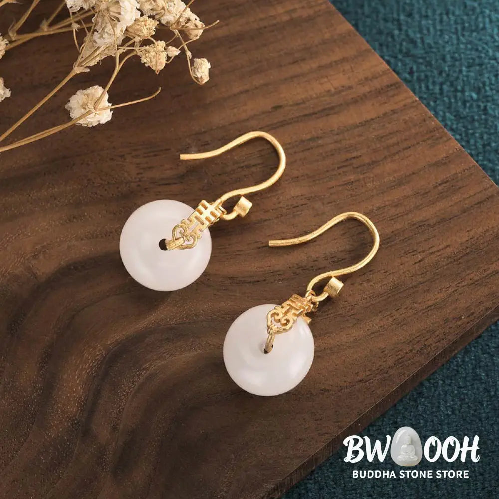 Buddha Stones White Jade Double Happiness Fortune Earrings - White Jade - Earrings