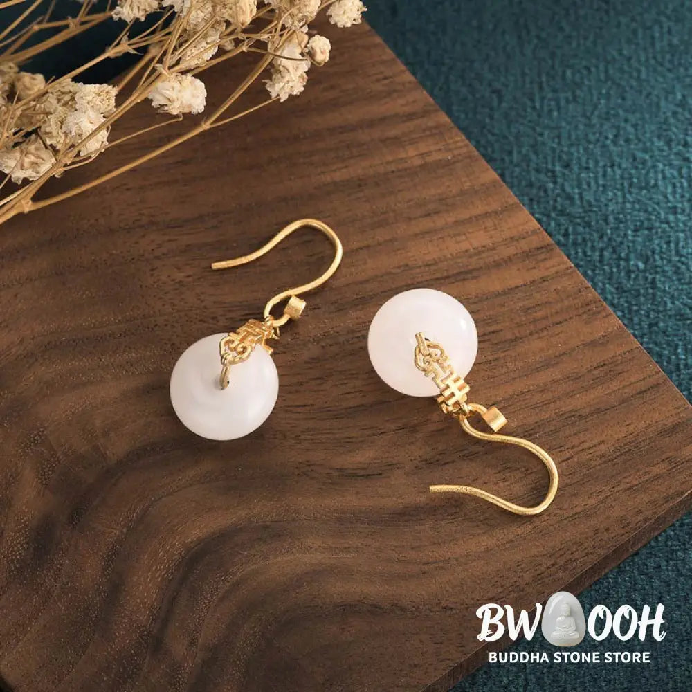 Buddha Stones White Jade Double Happiness Fortune Earrings - White Jade - Earrings