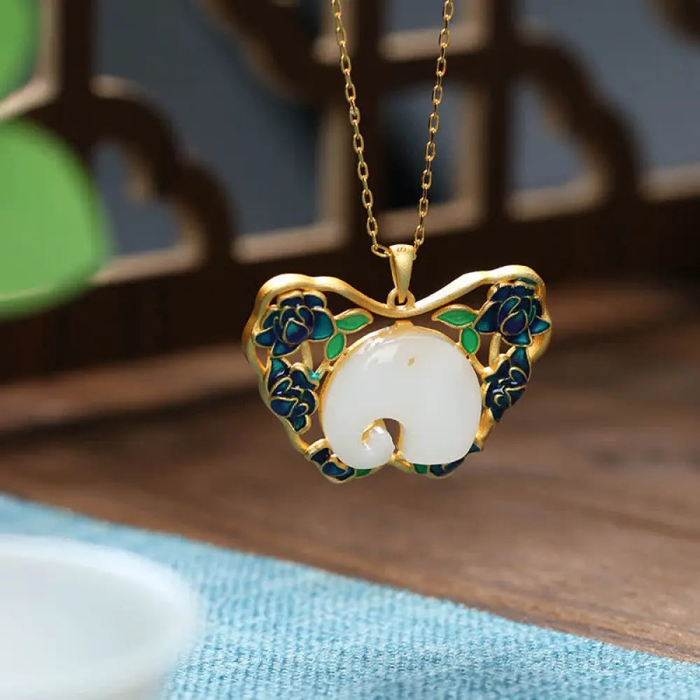 BWOOOH White Jade Elephant Butterfly Lotus Success Necklace Chain Pendant