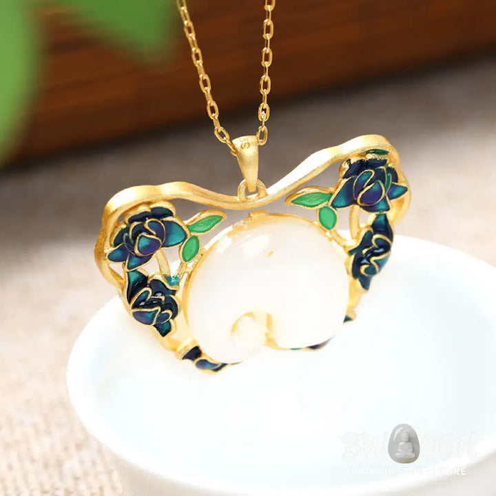 Buddha Stones White Jade Elephant Butterfly Lotus Success Necklace Chain Pendant - BWOOOH - White Jade - Necklaces &amp;