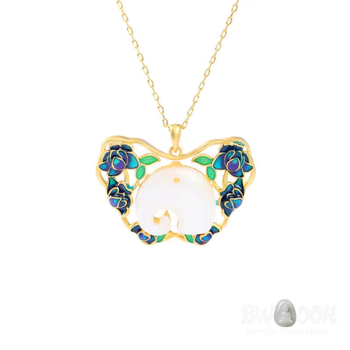 Buddha Stones White Jade Elephant Butterfly Lotus Success Necklace Chain Pendant - BWOOOH - White Jade - Necklaces &amp;