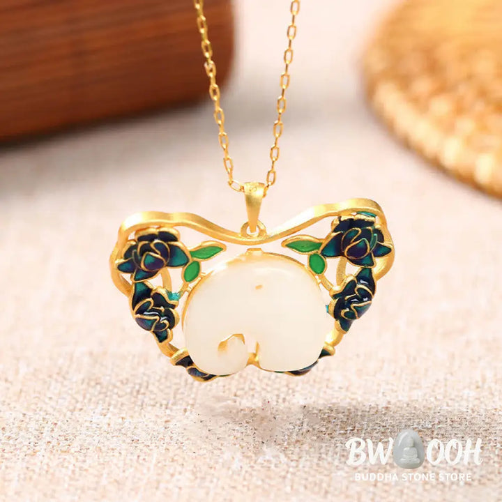 Buddha Stones White Jade Elephant Butterfly Lotus Success Necklace Chain Pendant - BWOOOH - White Jade - Necklaces &amp;