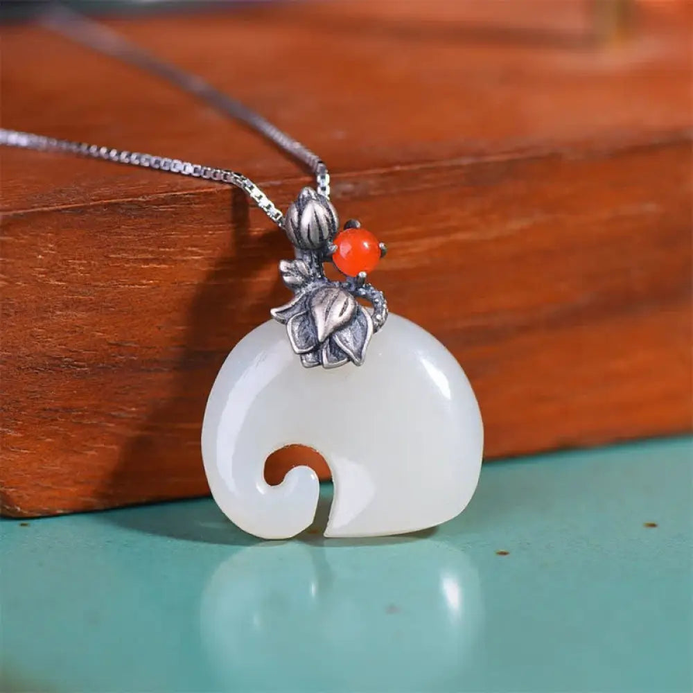 BWOOOH white jade elephant and lotus protection necklace pendant 45cm spiritual jewelry
