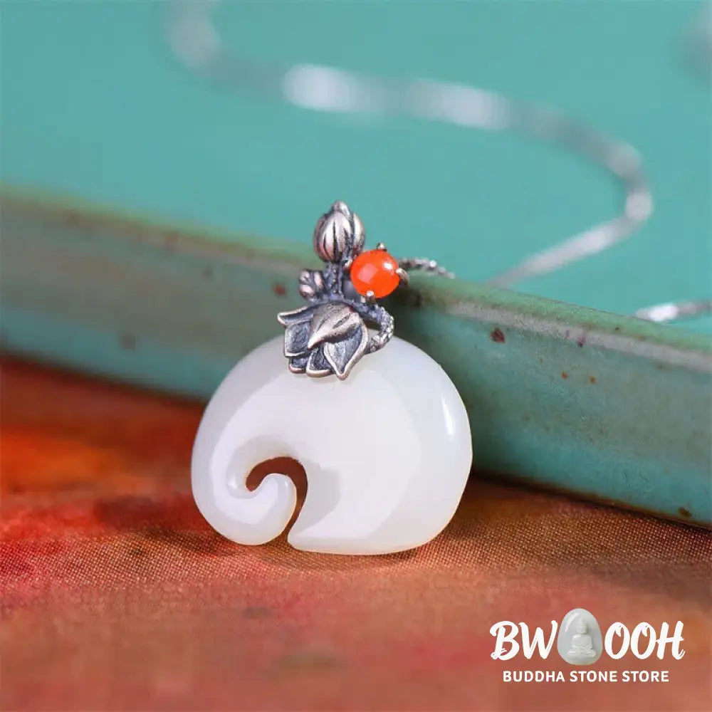 Buddha Stones White Jade Elephant Lotus Protection Necklace Pendant - BWOOOH - Necklaces &amp; Pendants
