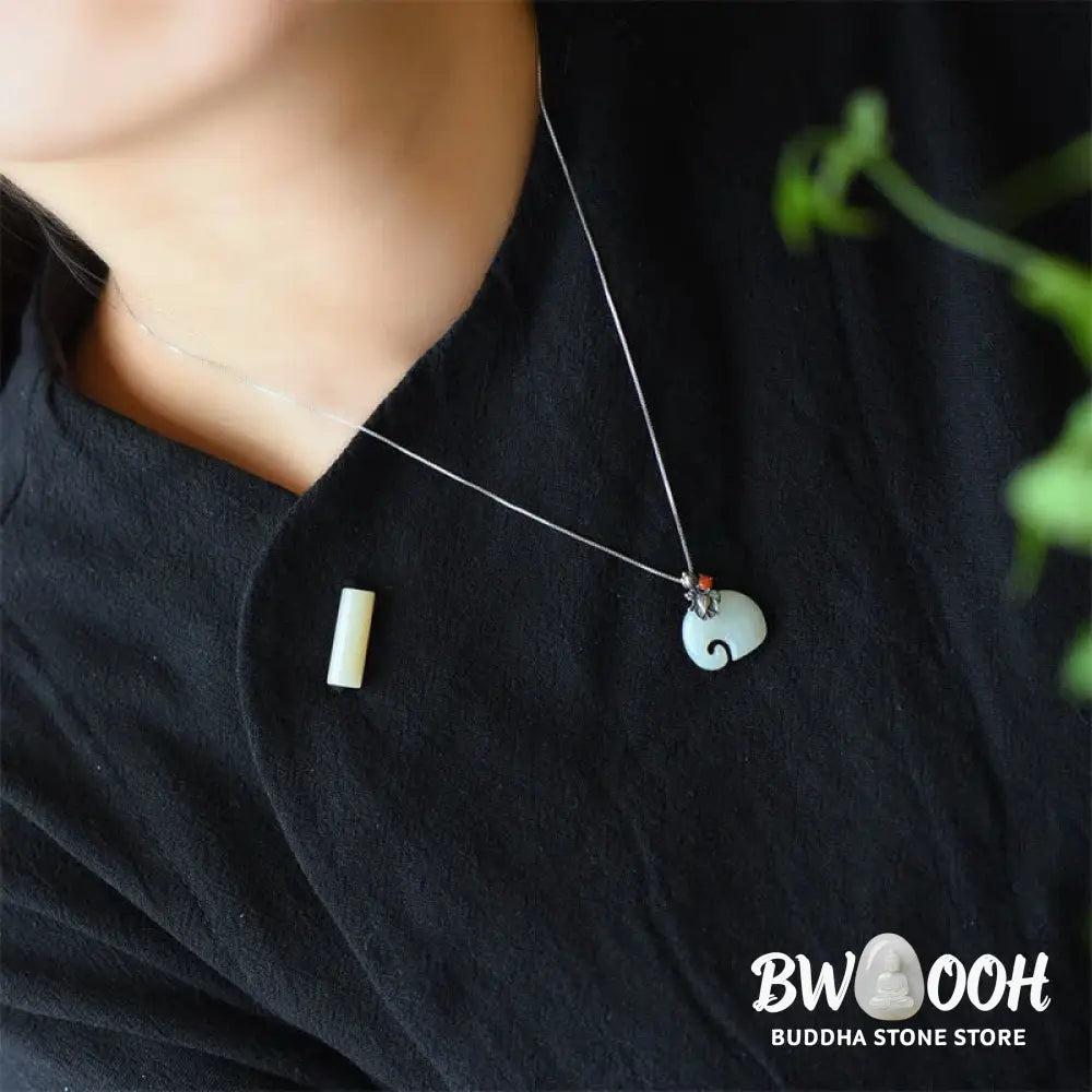Buddha Stones White Jade Elephant Lotus Protection Necklace Pendant - BWOOOH - Necklaces &amp; Pendants
