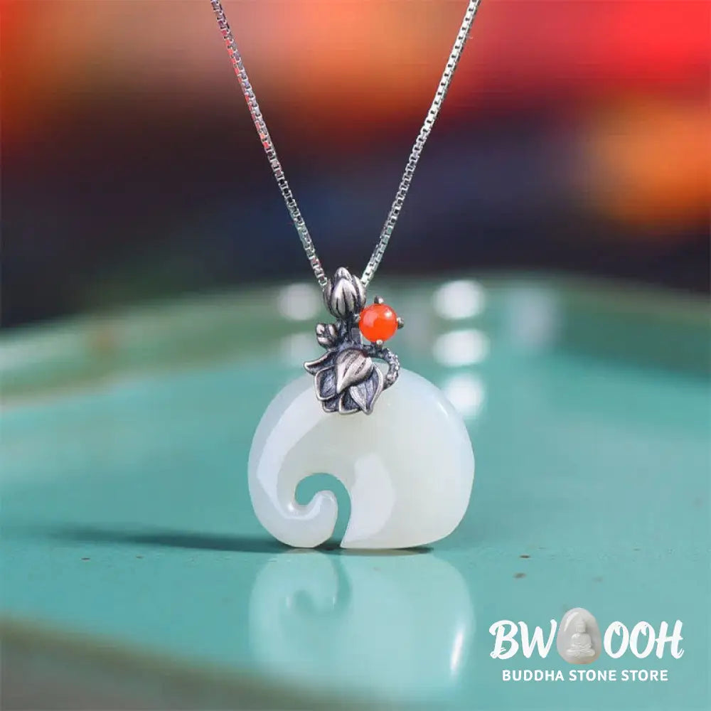 Buddha Stones White Jade Elephant Lotus Protection Necklace Pendant - BWOOOH - Necklaces &amp; Pendants