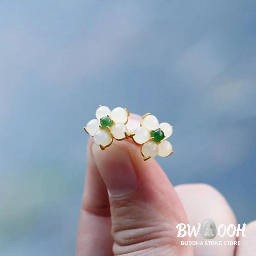 Buddha Stones White Jade Flower Luck Blessing Stud Earrings - White Jade(Protection♥Blessing) - Earrings