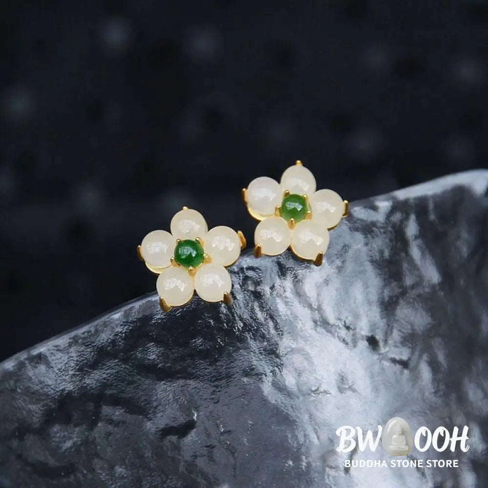 Buddha Stones White Jade Flower Luck Blessing Stud Earrings - White Jade(Protection♥Blessing) - Earrings