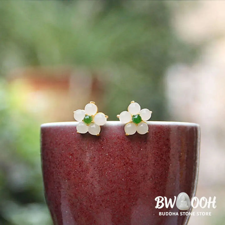 Buddha Stones White Jade Flower Luck Blessing Stud Earrings - White Jade(Protection♥Blessing) - Earrings