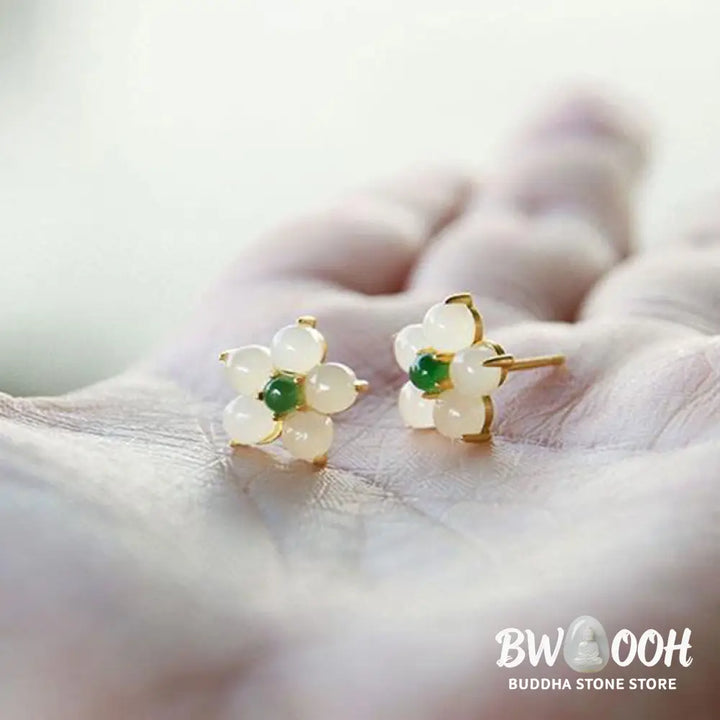 Buddha Stones White Jade Flower Luck Blessing Stud Earrings - White Jade(Protection♥Blessing) - Earrings