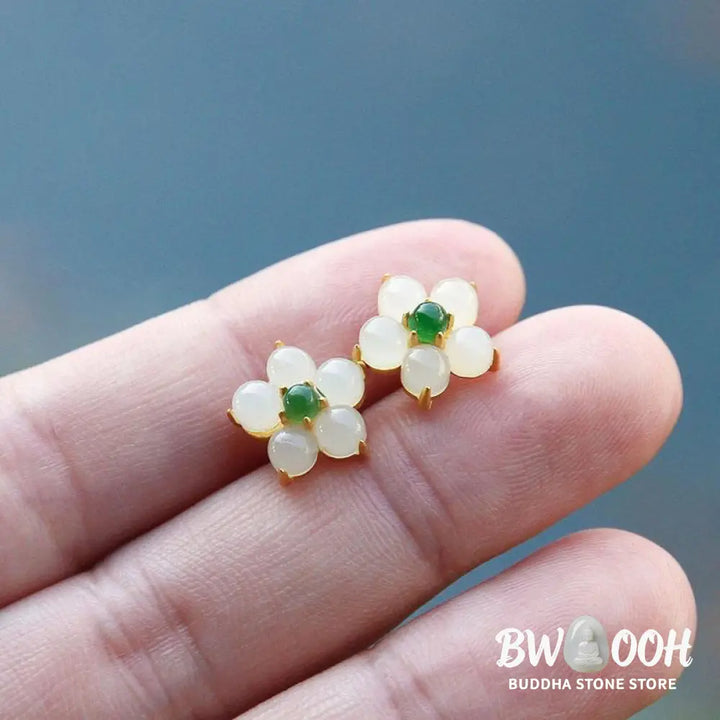 Buddha Stones White Jade Flower Luck Blessing Stud Earrings - White Jade(Protection♥Blessing) - Earrings