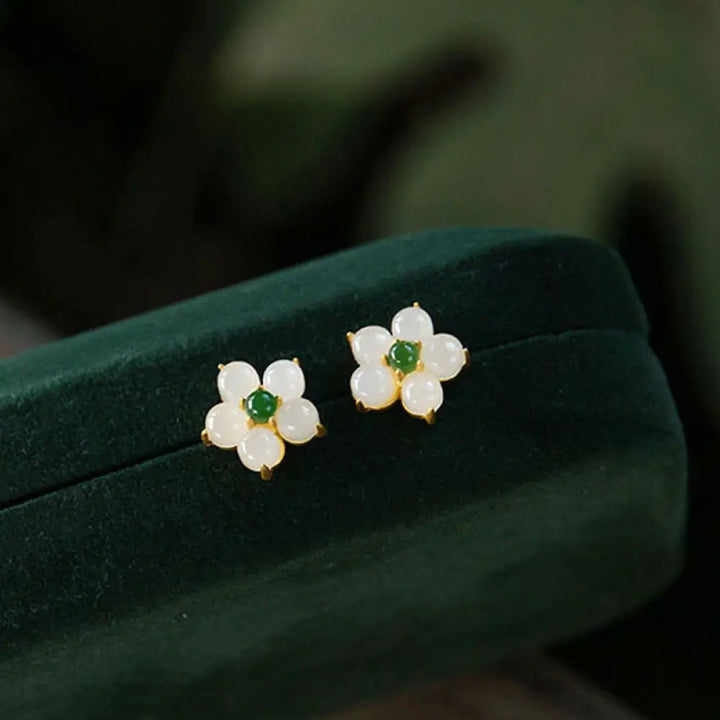 BWOOOH White Jade Flower Luck Blessing Stud Earrings — White Jade jade bracelet for spiritual healing and mindful living