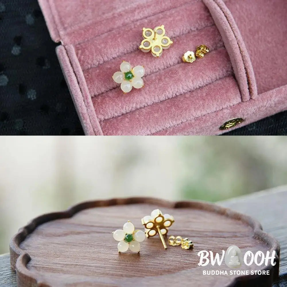 Buddha Stones White Jade Flower Luck Blessing Stud Earrings - White Jade(Protection♥Blessing) - Earrings