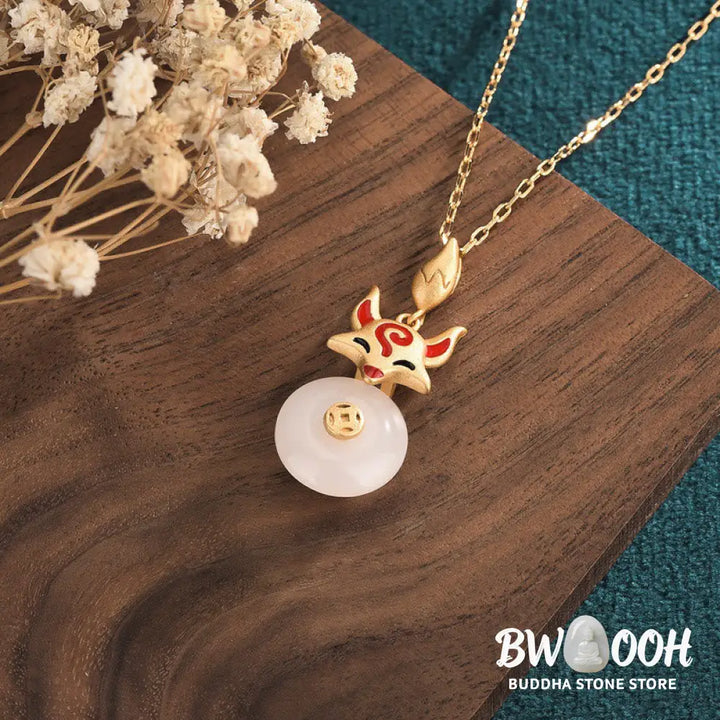 Buddha Stones White Jade Fox Copper Coin Protection Luck Necklace Pendant - BWOOOH - White Jade(Protection♥Happiness)