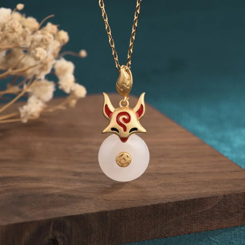 BWOOOH white jade fox copper coin protection luck necklace pendant