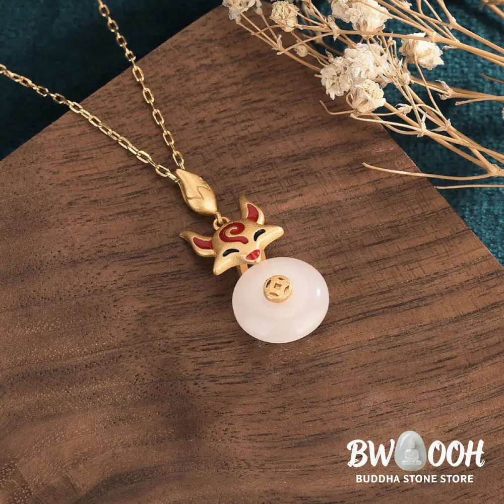 Buddha Stones White Jade Fox Copper Coin Protection Luck Necklace Pendant - BWOOOH - White Jade(Protection♥Happiness)