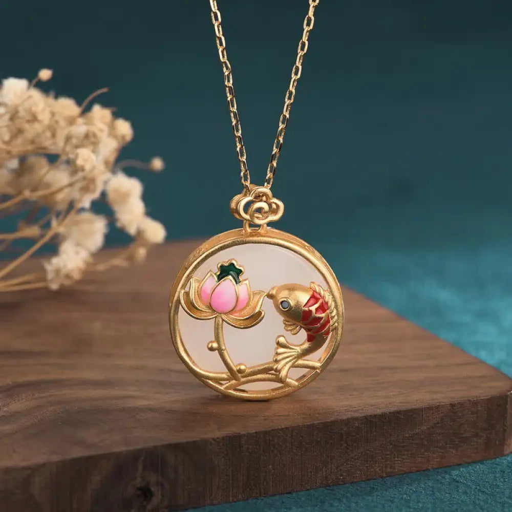 BWOOOH white jade koi fish lotus blessing necklace pendant 45cm luck perseverance abundance