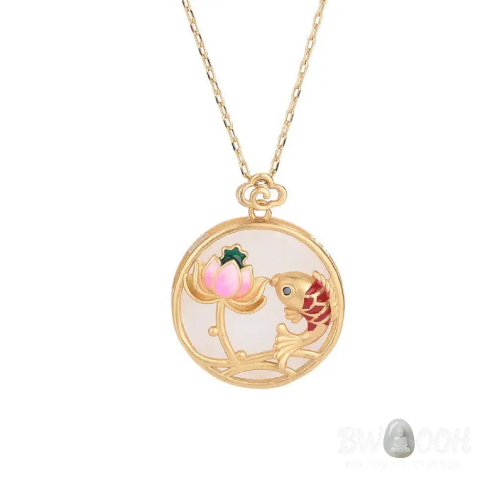 Buddha Stones White Jade Koi Fish Lotus Blessing Necklace Pendant - BWOOOH - White Jade - Necklaces &amp; Pendants