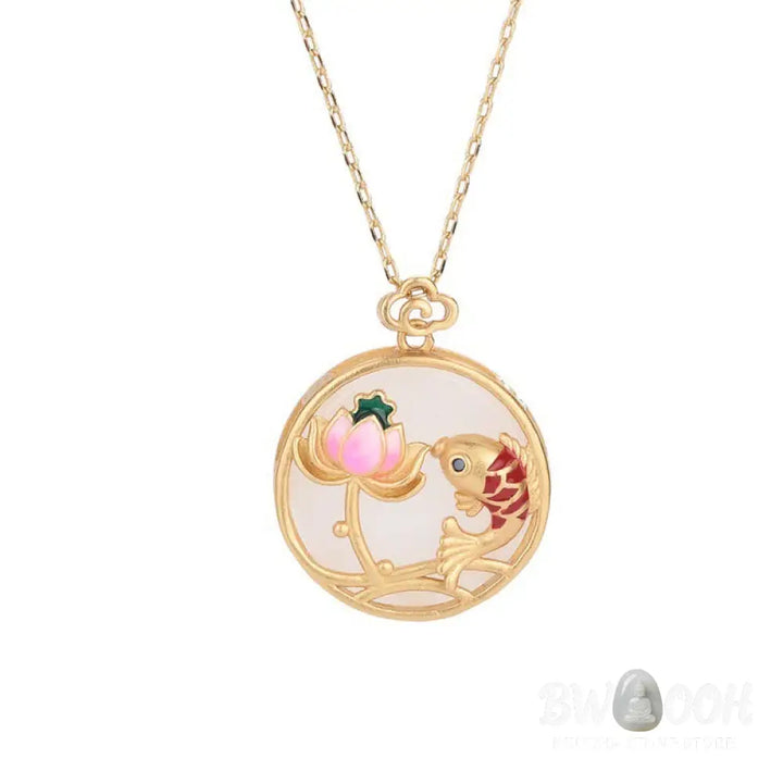 Buddha Stones White Jade Koi Fish Lotus Blessing Necklace Pendant - BWOOOH - White Jade - Necklaces &amp; Pendants