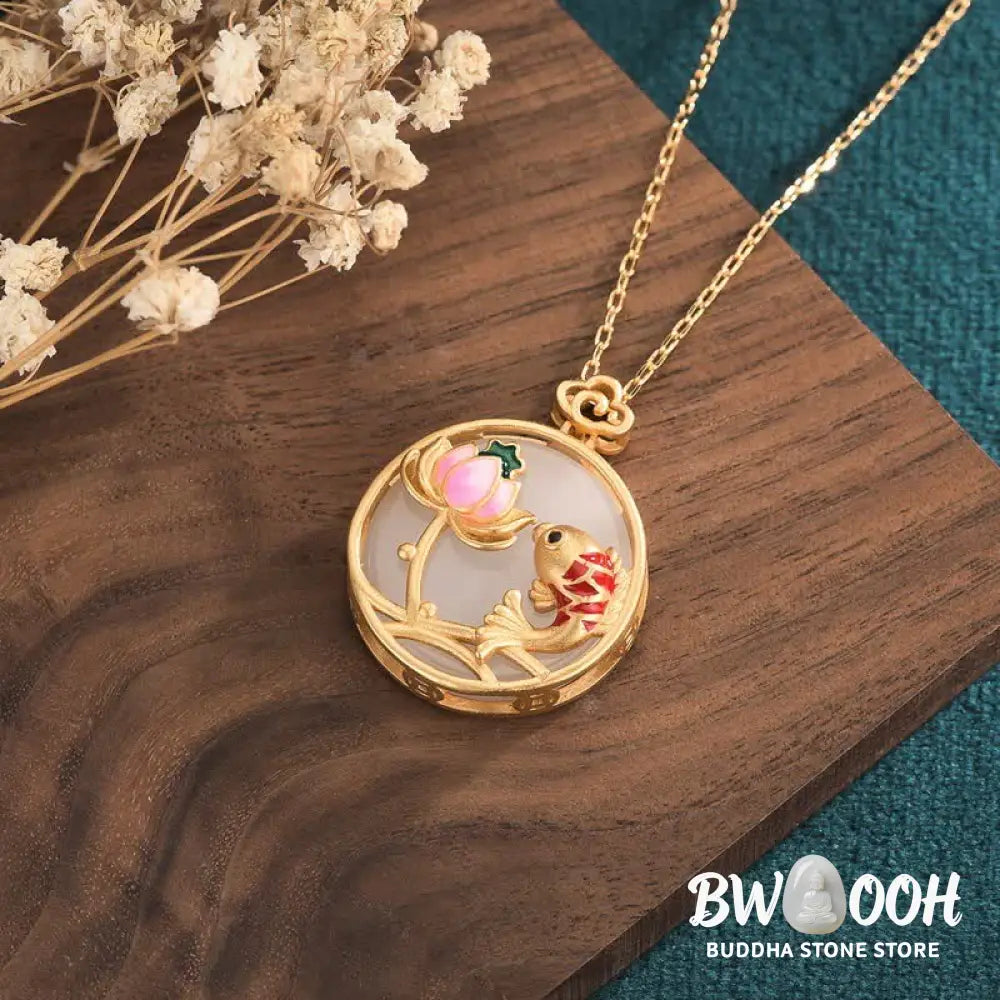 Buddha Stones White Jade Koi Fish Lotus Blessing Necklace Pendant - BWOOOH - White Jade - Necklaces &amp; Pendants
