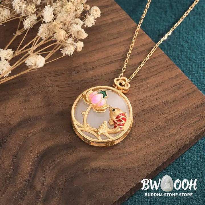 Buddha Stones White Jade Koi Fish Lotus Blessing Necklace Pendant - BWOOOH - White Jade - Necklaces &amp; Pendants