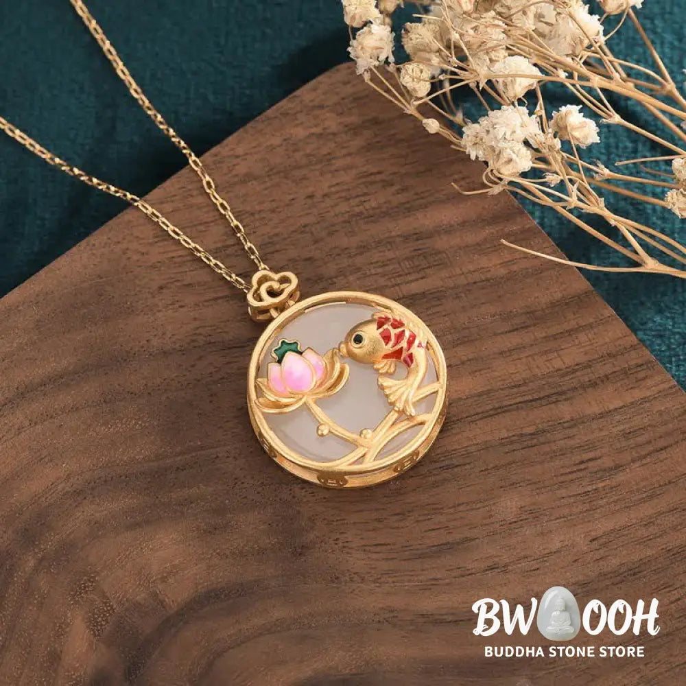 Buddha Stones White Jade Koi Fish Lotus Blessing Necklace Pendant - BWOOOH - White Jade - Necklaces & Pendants