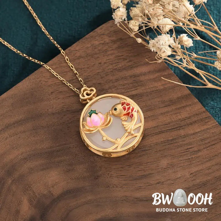 Buddha Stones White Jade Koi Fish Lotus Blessing Necklace Pendant - BWOOOH - White Jade - Necklaces &amp; Pendants