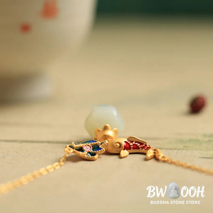 Buddha Stones White Jade Koi Fish Lotus Copper Protection Necklace Pendant - BWOOOH - White Jade(Protection ♥