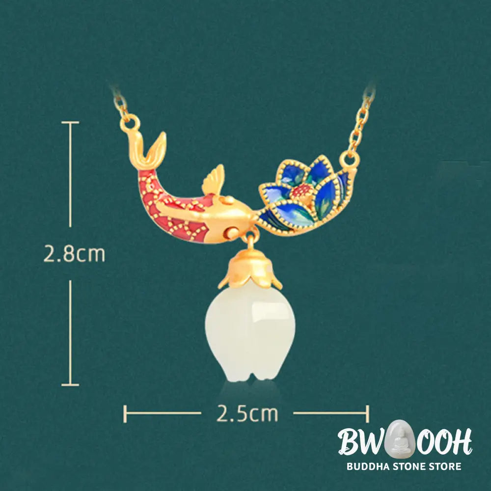 Buddha Stones White Jade Koi Fish Lotus Copper Protection Necklace Pendant - BWOOOH - White Jade(Protection ♥