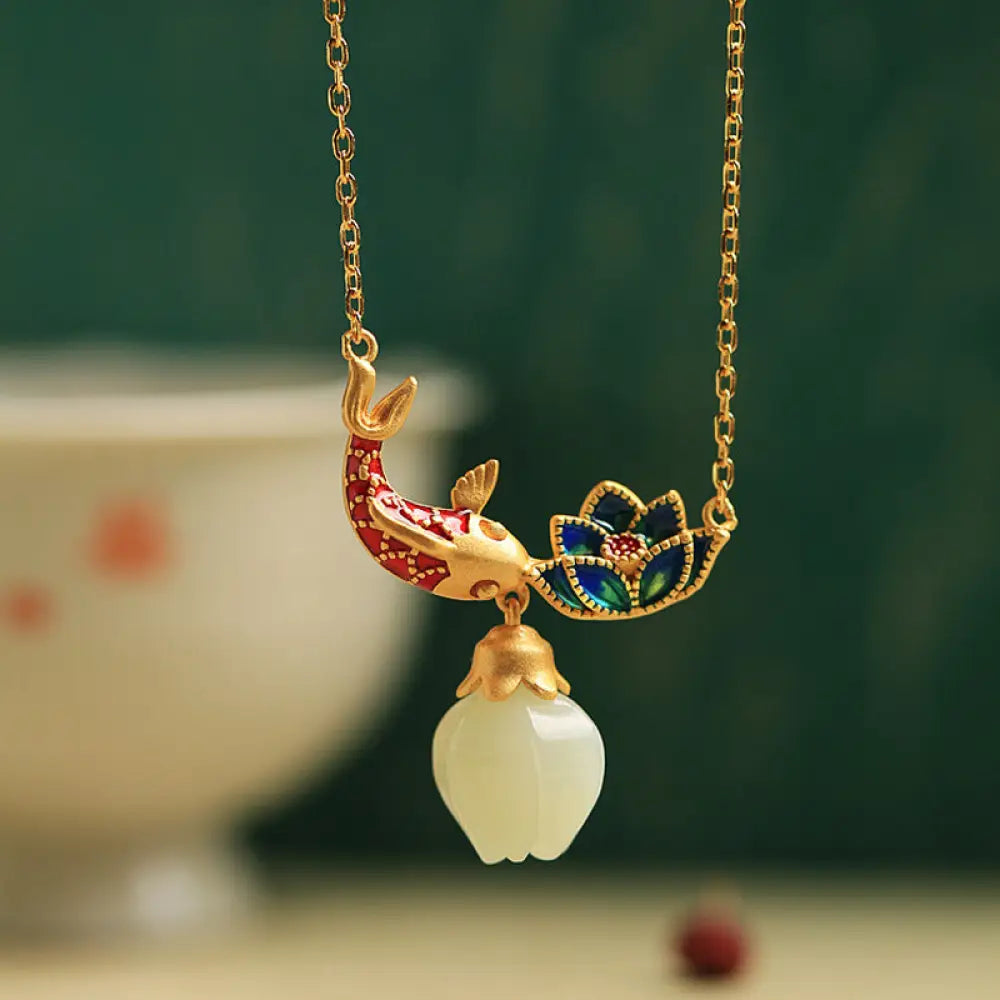 BWOOOH White Jade Koi Fish Lotus 925 Sterling Silver Protection Necklace Pendant — natural white jade koi pendant in sterling silver for prosperity, luck and success